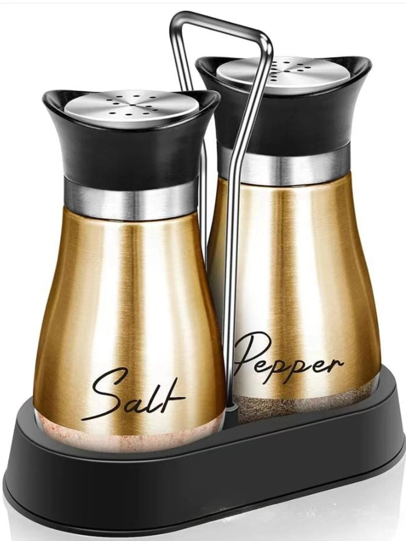 2pcs Glass Spice Bottles with Shelf – Adjustable Salt and Pepper Shakers for Kitchen Use