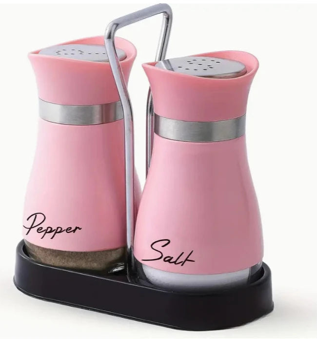 2pcs Glass Spice Bottles with Shelf – Adjustable Salt and Pepper Shakers for Kitchen Use