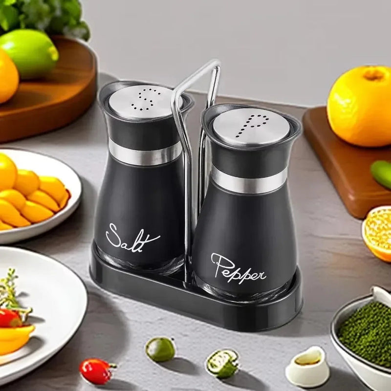 2pcs Glass Spice Bottles with Shelf – Adjustable Salt and Pepper Shakers for Kitchen Use